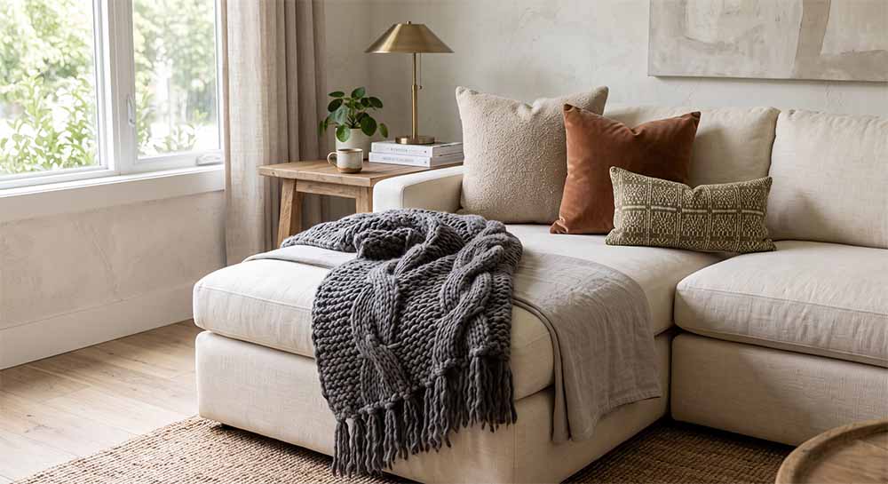 Living room sofa styled with layered throw blankets and pillows like a designer