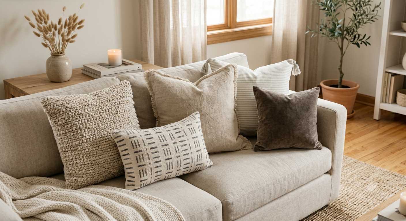 A cozy living room sofa decorated with neutral pillows in mixed textures and sizes